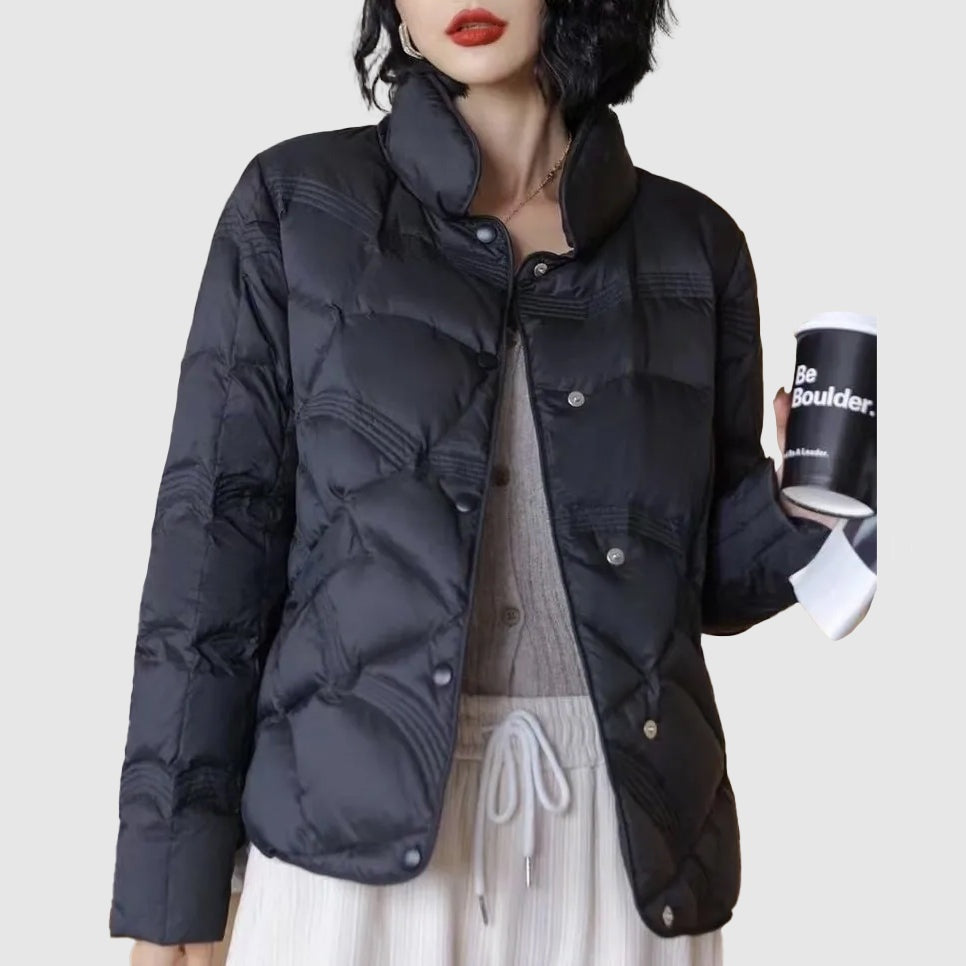 Chaqueta de Plumas Corta Mujer Cuello Alto Botones