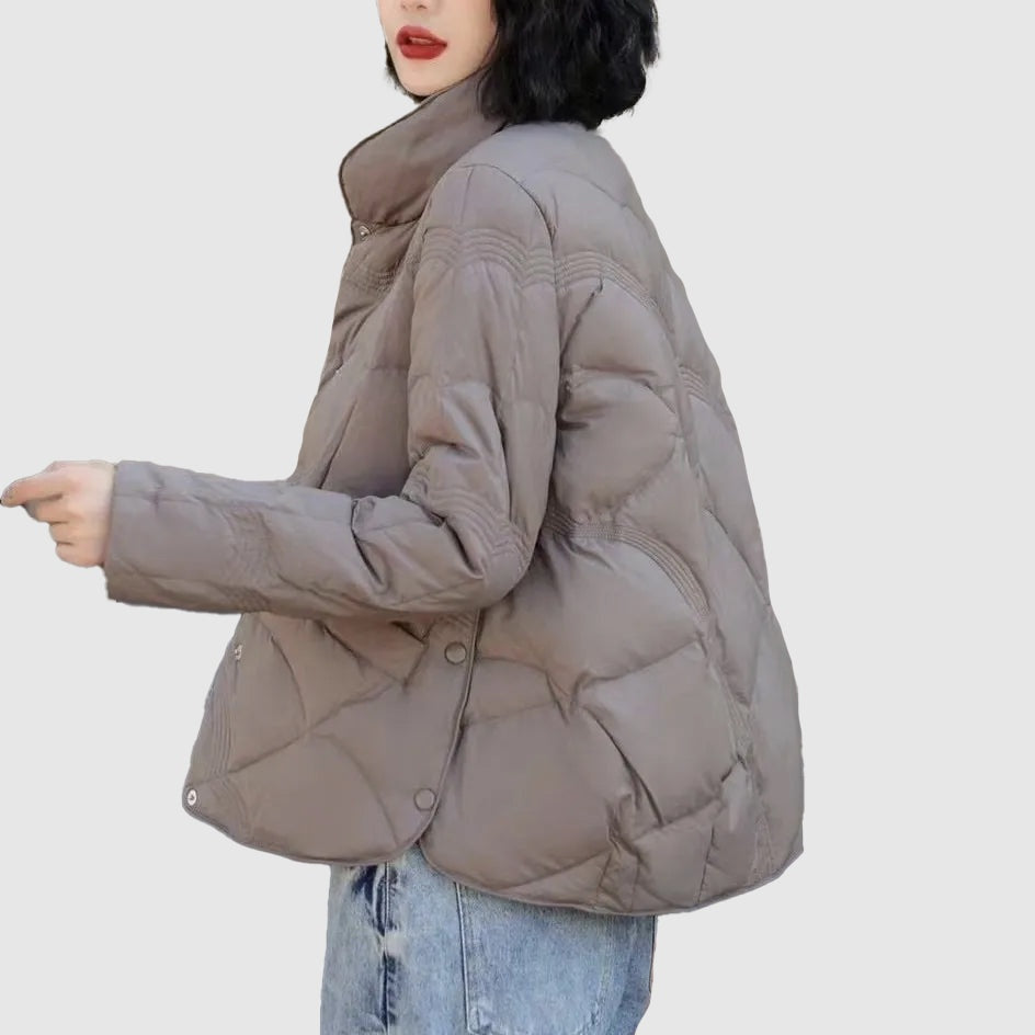 Chaqueta de Plumas Corta Mujer Cuello Alto Botones