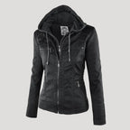 Women's Faux Leather Biker Jacket with Hood