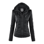 Women's Faux Leather Biker Jacket with Hood