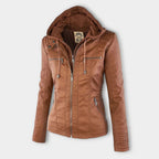 Women's Faux Leather Biker Jacket with Hood